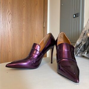 Purple Metallic Pointed-Toe High Heel Loafers